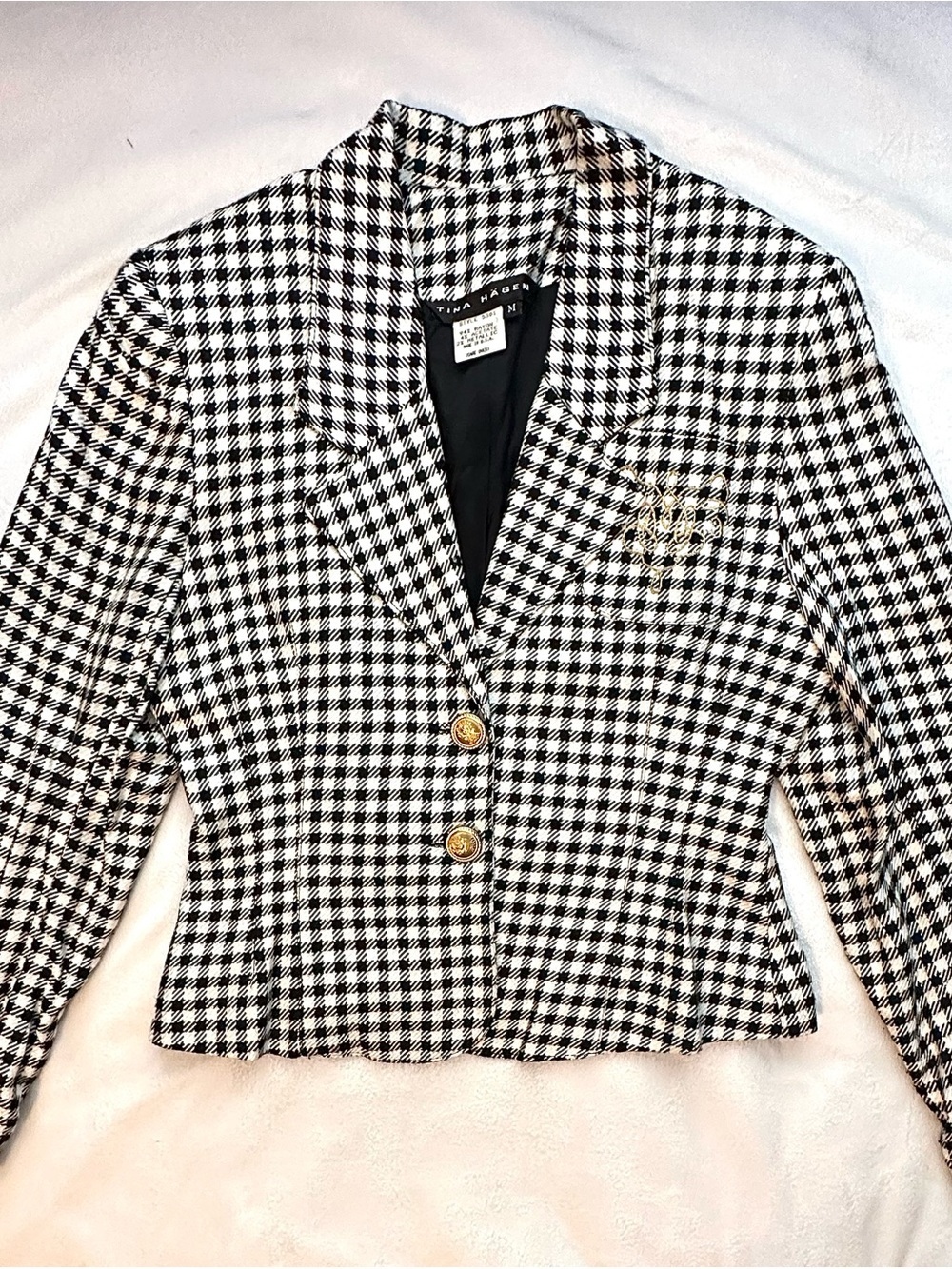 Vintage Tina Hagen Black White Gingham Blazer Jacket M Metallic Gold Detail